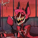 Alastor with a wide, sharp-toothed, sinister grin and red tones.