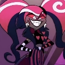 Velvette from Hazbin Hotel with a wide, smug grin and pink and black hair.