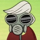 A character wearing a gray gas mask with dark goggles and a large white pompadour hairstyle against a green background.