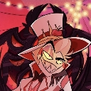 Lucifer Morningstar wearing a top hat with a wide, sharp-toothed smug grin.