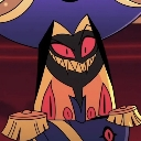 A stylized character with a wide, jagged, toothy grin and glowing red eyes looking directly forward.