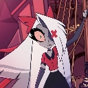 Vaggie from Hazbin Hotel with long white hair and a red X over her eye looking suspicious and unimpressed.