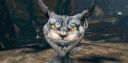 A gray cat creature with glowing yellow eyes slowly widens its mouth into a large, sinister grin.