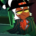 A stylized character wearing a hat and suit looks sideways with a skeptical and judgmental expression.