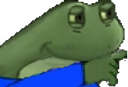 A green frog with a smug expression looking sideways with judgment.