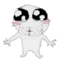 Stick figure character with oversized glossy eyes and a wide, toothy grin.
