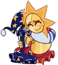 A sun-headed character and a moon-hatted character hugging each other with happy expressions.