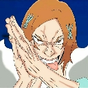 Anime character with an intense, wild expression and hands clasped together in a mischievous gesture.