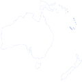 Australia and New Zealand depicted as a white pixelated map silhouette against a black background.