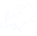 A white pixelated silhouette of the European continent on a black background.