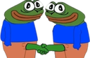 Two green frogs with wide smiles shaking hands with each other.