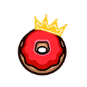 A red-iced donut wearing a small golden crown on its top.