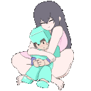 A girl with long dark hair hugging a small blocky character in a pixel art style.