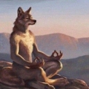 A wolf sitting in a meditative lotus pose on a rocky cliff during sunset.