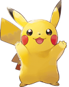 Pikachu waving its arms with a wide, happy smile on its face.