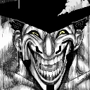 A character with a wide, jagged grin and glowing yellow eyes looking directly forward.
