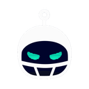 A robot head with a white helmet and dark visor featuring glowing cyan eyes.