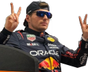 Race driver wearing sunglasses and a team cap flashes a double peace sign with both hands.