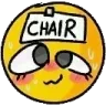 Yellow face with a blushing expression and eyes looking sideways, wearing a white sign on its head that reads CHAIR.