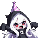 A chibi reaper character with white hair and red eyes wears a pink party hat and dances with excitement.