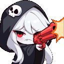 A chibi reaper girl in a black skull hoodie firing a red pistol with a muzzle flash.