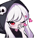 A white-haired reaper in a skull hood blows a kiss with floating pink hearts.