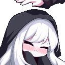 A hooded reaper character with white hair blushing while receiving gentle headpats from a hand.