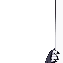 A cute anime-style reaper with a skull hood peeking from behind a white wall with large red eyes.