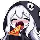 A cute chibi grim reaper wearing a black hood with a skull emblem, happily eating a slice of pepperoni pizza.