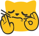 Yellow cat-like creature with closed eyes making an okay hand gesture with both hands.