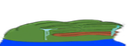 A small green island with brown cliffs floating on a patch of blue water in a pixel art style.