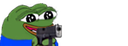 Pepe the Frog holding a black firearm with a mischievous expression.