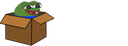 A green frog with a wide grin peeking out from the top of an open brown cardboard box.