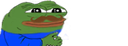 A green frog with a brown mustache wearing a blue shirt.