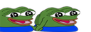 Two green Pepe the Frog heads side-by-side with wide, mischievous grins and narrow eyes.