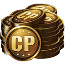 Gold coins stacked in a pile with the letters CP printed on the front.
