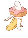 A small smiling character wearing a pink donut and emerging from a peeled banana.