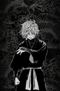 Anime character with messy hair standing in a stoic pose against a dark patterned background.