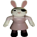 A white rabbit wearing an eyepatch and a pink apron stares intensely forward.