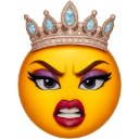 Yellow emoji face wearing a jeweled crown with heavy purple eyeshadow and a frustrated, angry expression.