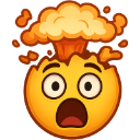 Yellow smiley face with wide eyes and an open mouth as its head explodes in a fiery mushroom cloud.