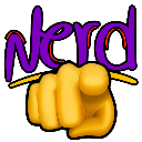A yellow hand pointing directly forward with the word nerd written in purple text above it.