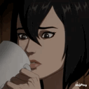 Anime woman with dark hair holding a white cup and looking suspiciously to the side.