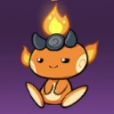 A small orange creature with flames on its head and horns sitting with a mischievous smile.