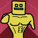 A yellow square-headed character with a highly muscular, defined torso posing.