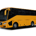 A yellow bus facing forward with a blank, intense expression.