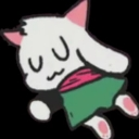 A white creature with pink ears and a green outfit sleeping peacefully with closed eyes.