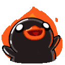 A small black bird-like creature with wide eyes and an open mouth, surrounded by a bright orange flame aura.