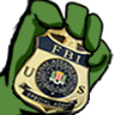 A green hand firmly holding up a gold-colored badge with text.