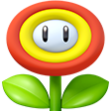 Fire Flower with a red petal ring, yellow center, white face, and green leaves.
